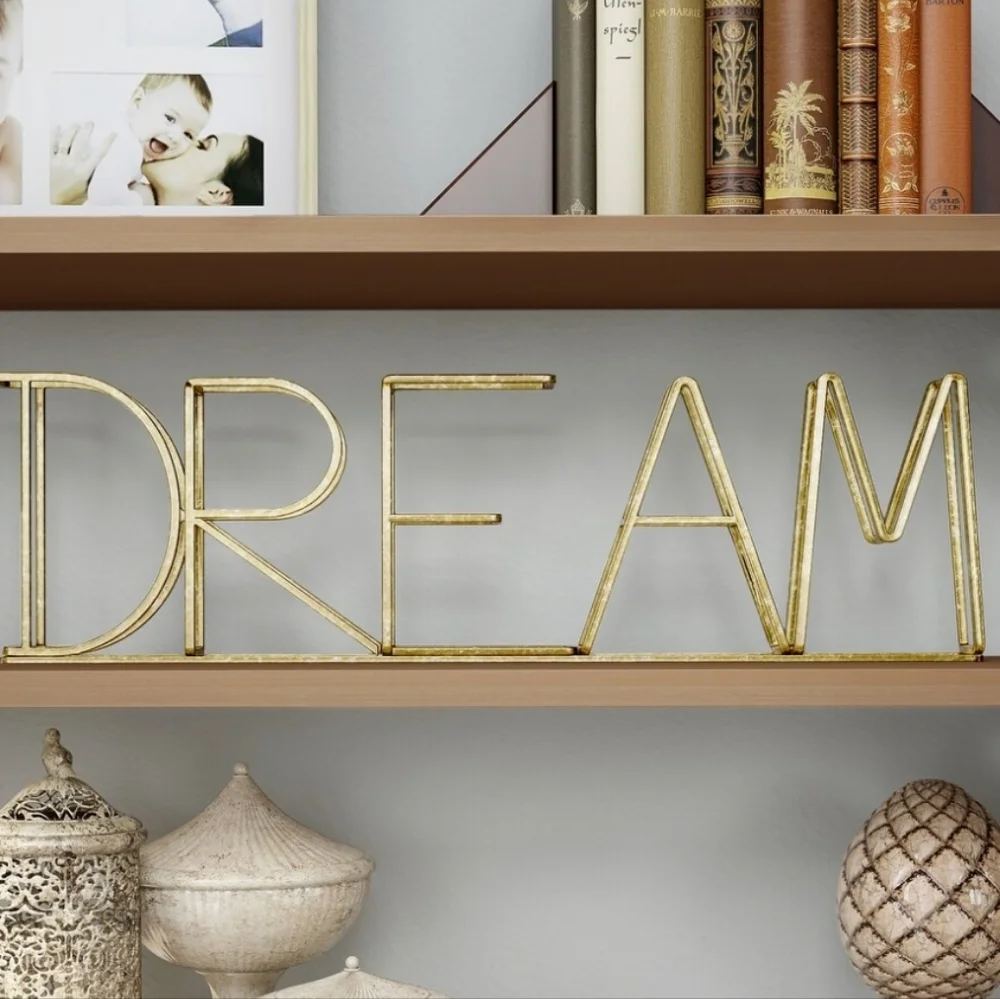 Home Decor 'WISH' Metal Artwork Goldtone Shelf Or Wall
